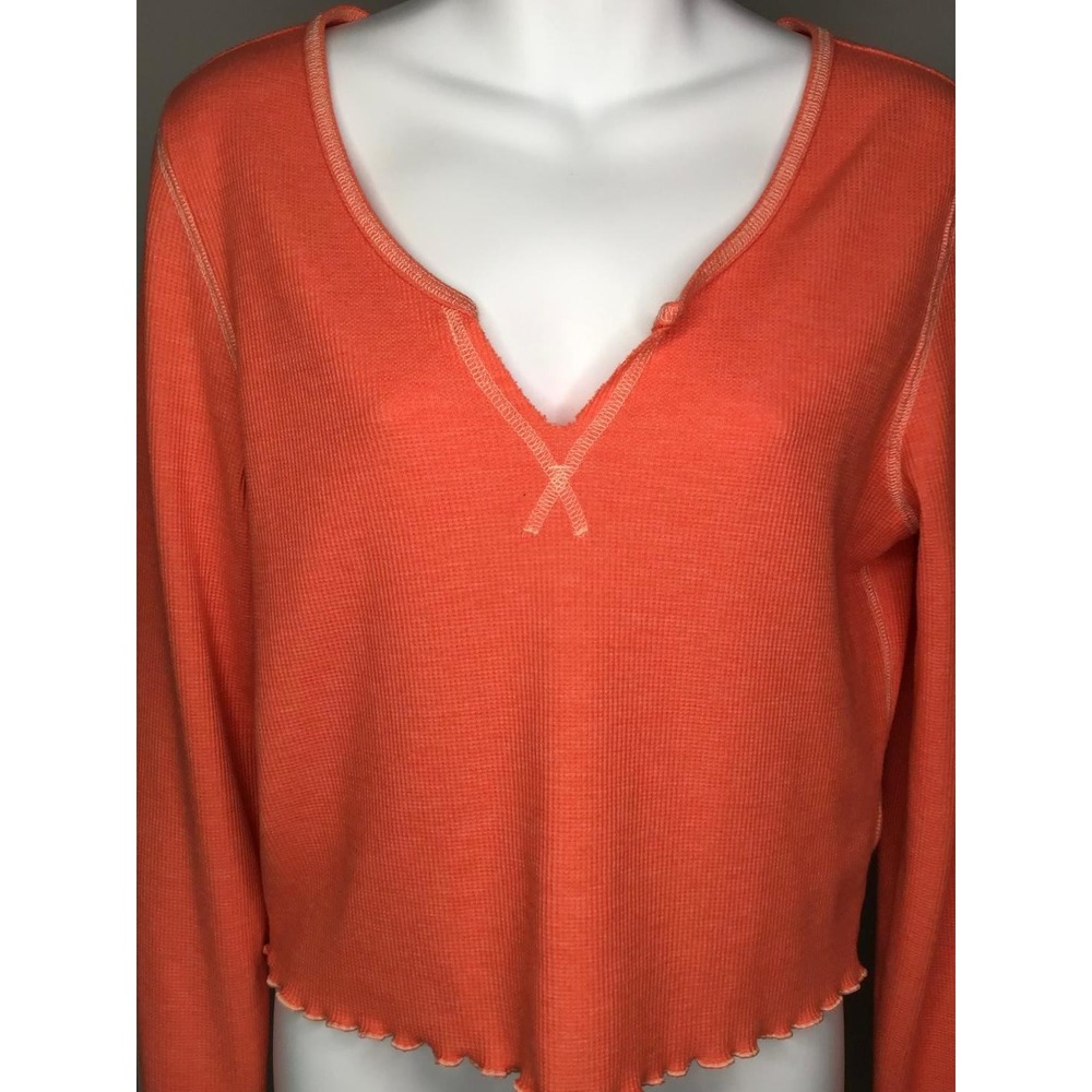 American Eagle Womens Size L BFF Waffle Knit Cropped Thermal Top Orange Whimsy